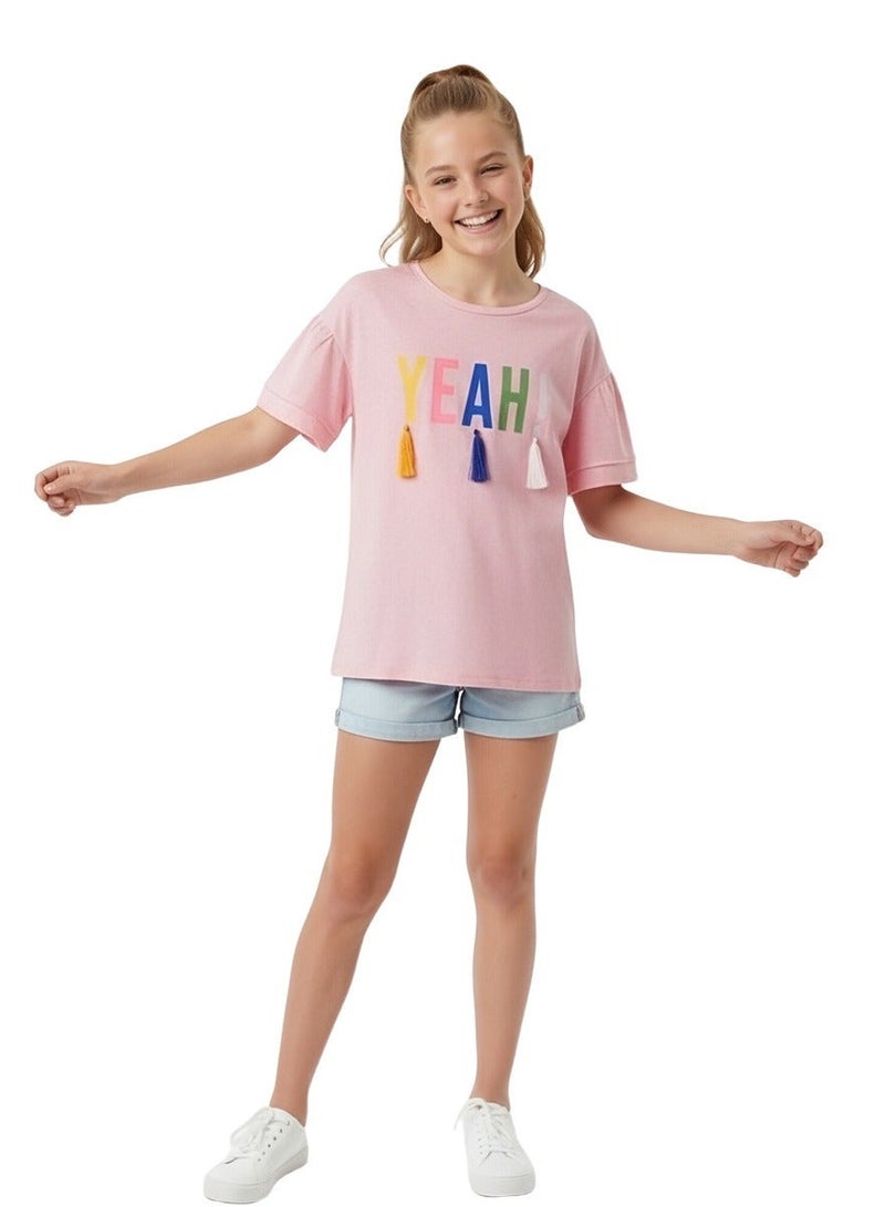 WiNi BEE Cute Pink Girls T-Shirt with “YEAH” Print & Tassel Trim, Short Sleeve Casual Top for Ages 8-10-12-14-16 Years - Image 3